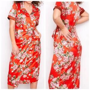 Hot As Hell Wrap Satin Shirtdress Red Floral
